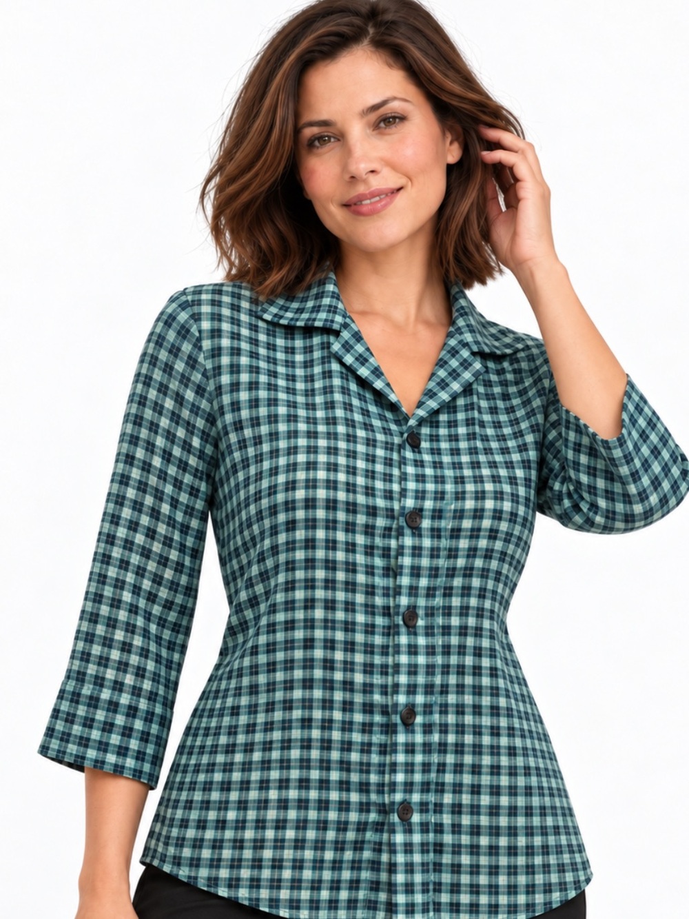 Comrags Green Blue Plaid Cotton Button-Down Shirt 3/4 Sleeve S